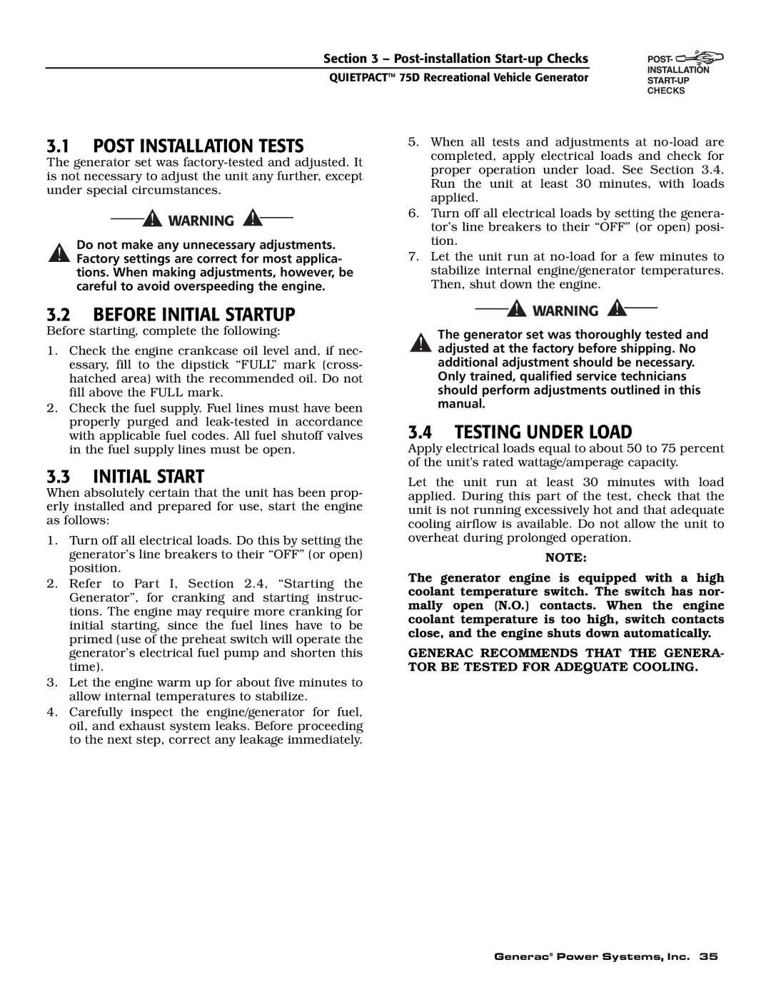 Guardian Technologies 004270-2 owner manual Post Installation Tests, Before Initial Startup, Testing Under Load 