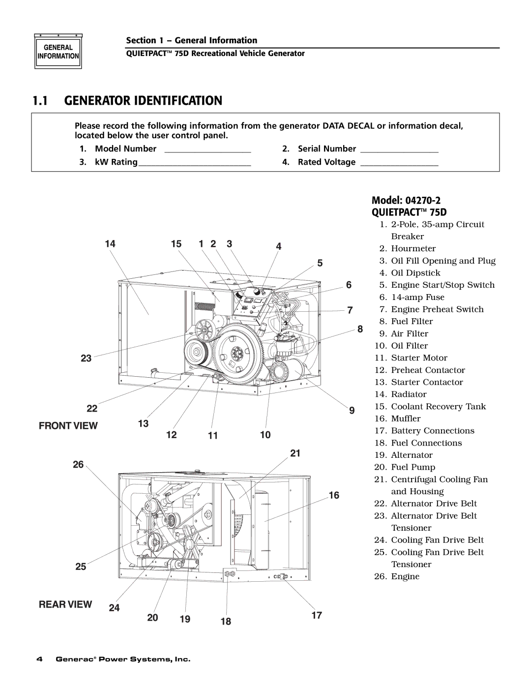 Guardian Technologies 004270-2 owner manual Generator Identification, Model, Quietpact 75D 