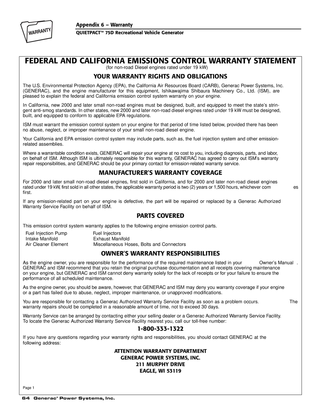 Guardian Technologies 004270-2 owner manual Federal and California Emissions Control Warranty Statement, Parts Covered 