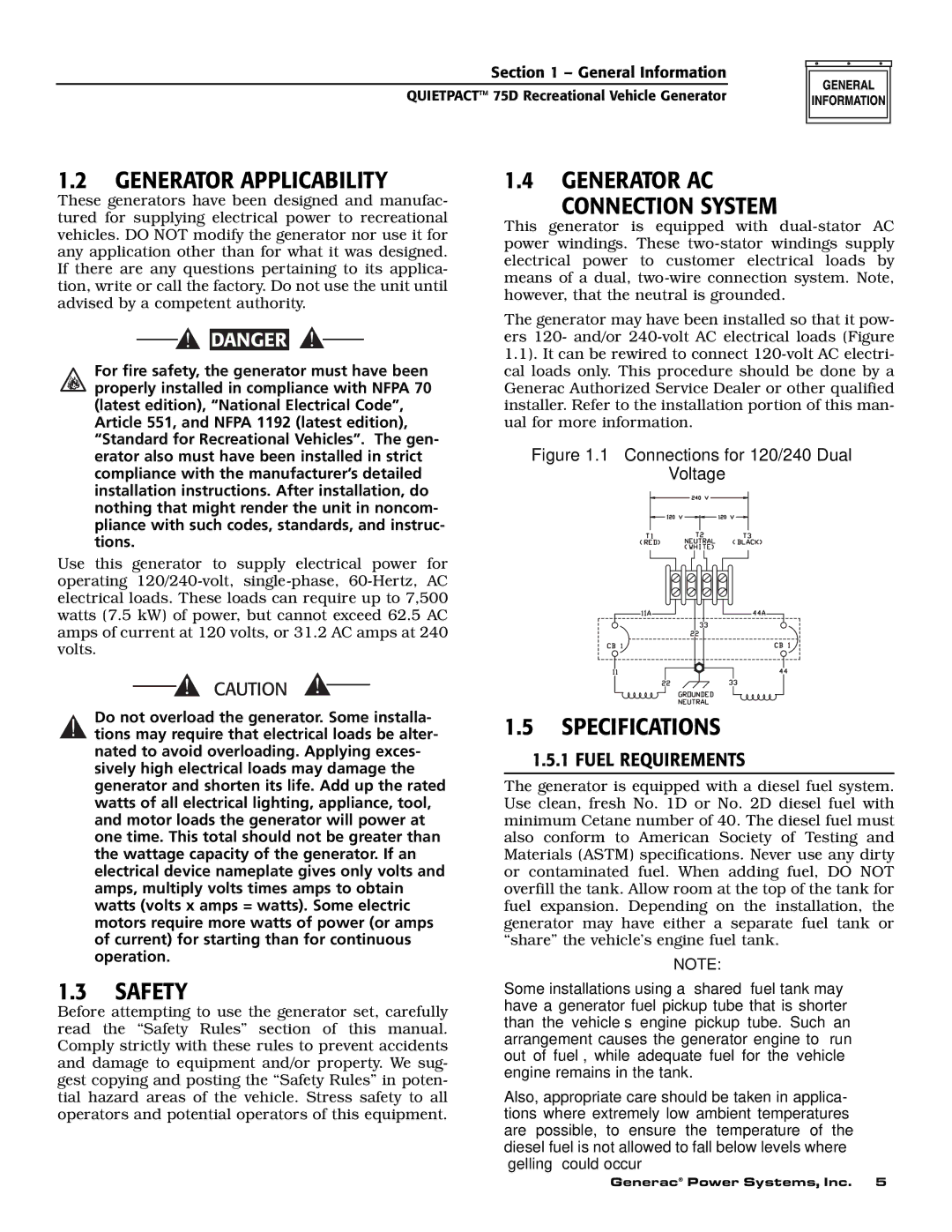 Guardian Technologies 004270-2 owner manual Generator Applicability, Safety, Generator AC Connection System, Specifications 