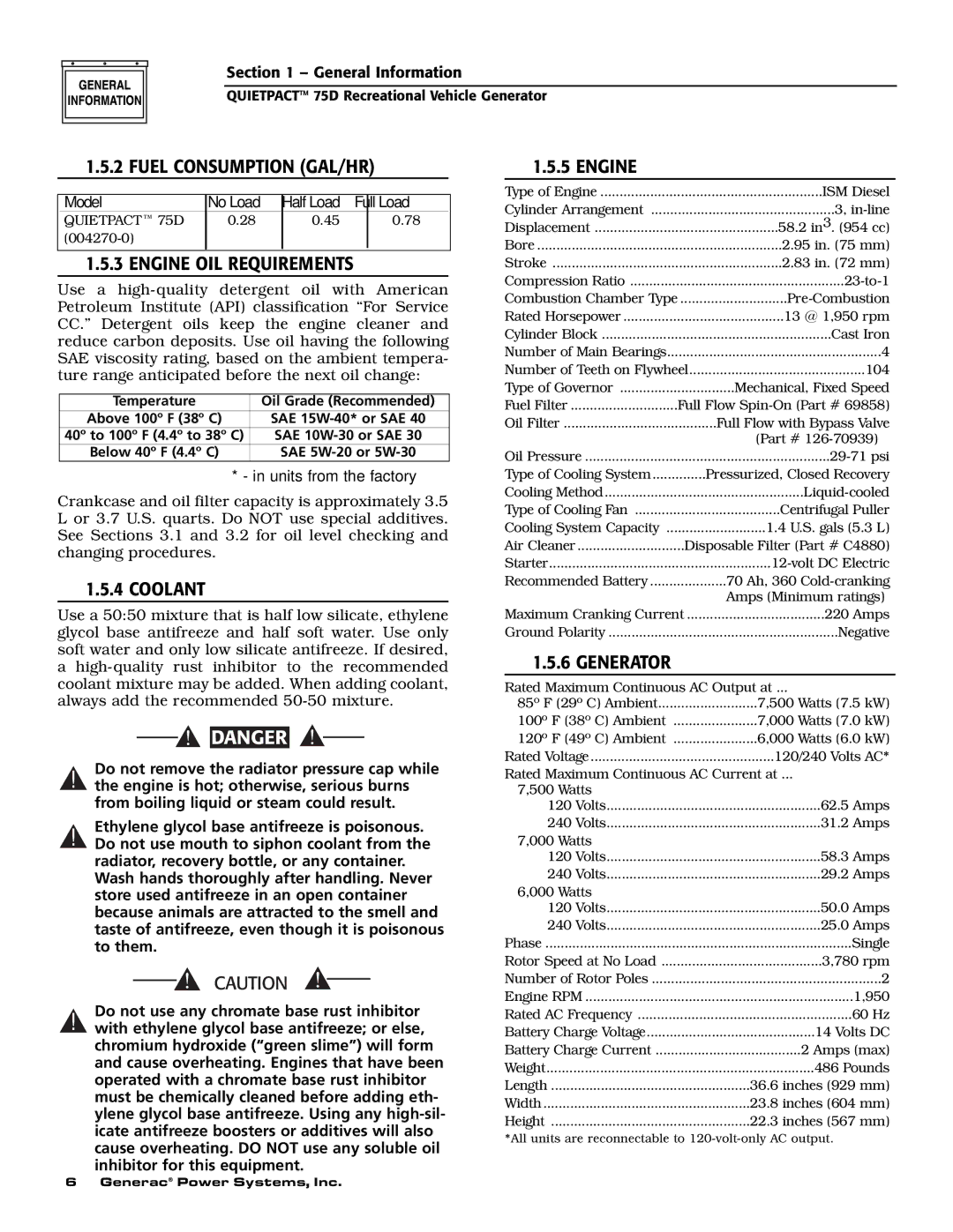 Guardian Technologies 004270-2 owner manual Fuel Consumption GAL/HR, Engine OIL Requirements, Coolant, Generator 