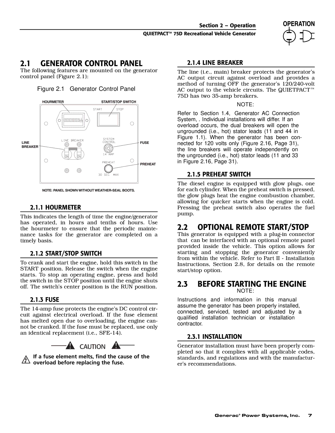 Guardian Technologies 004270-2 owner manual Generator Control Panel, Optional Remote START/STOP, Before Starting the Engine 