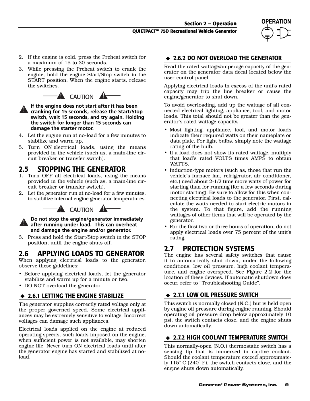 Guardian Technologies 004270-2 owner manual Stopping The Generator, Protection Systems, Applying Loads To Generator 