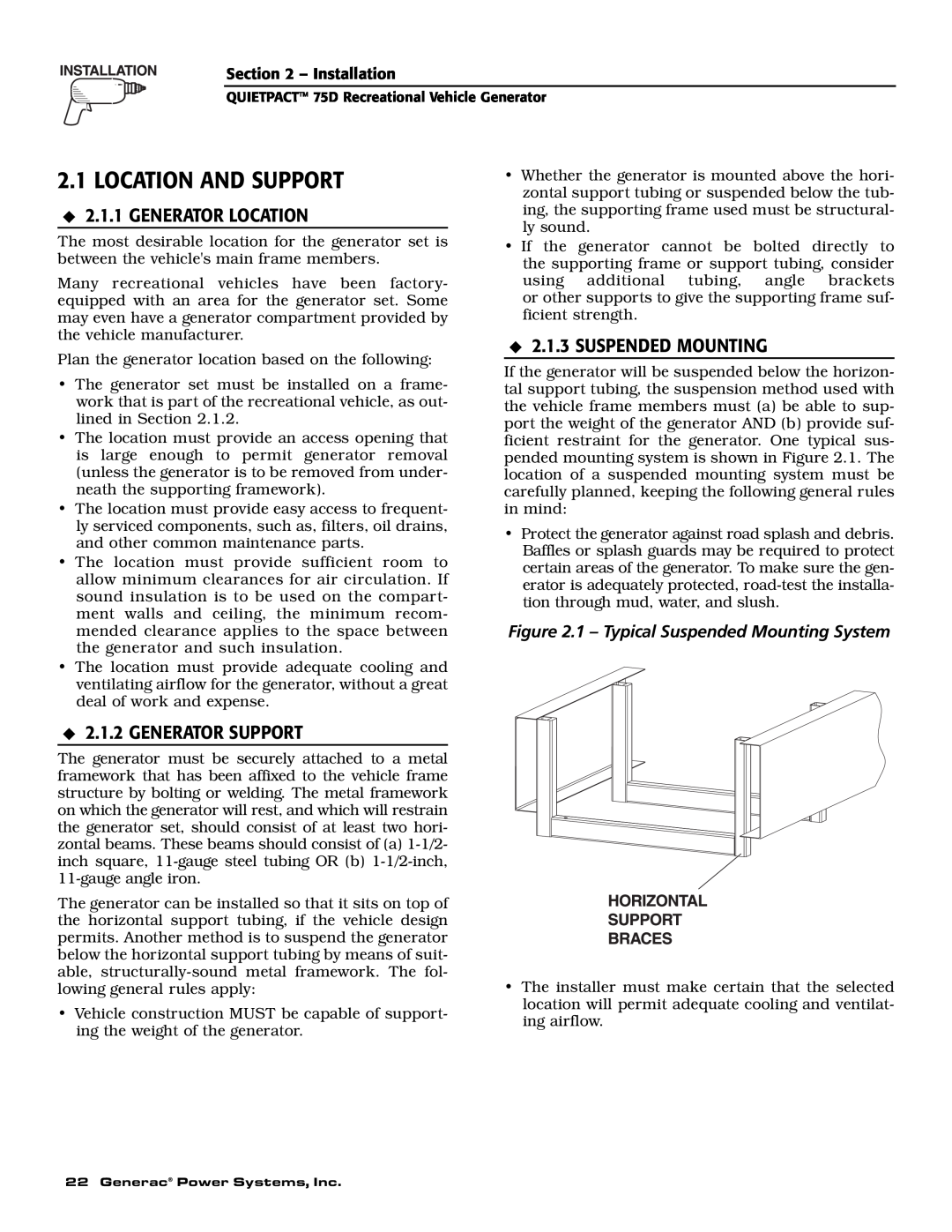 Guardian Technologies 004270-2 owner manual Location And Support, Generator Location, Generator Support, Suspended Mounting 