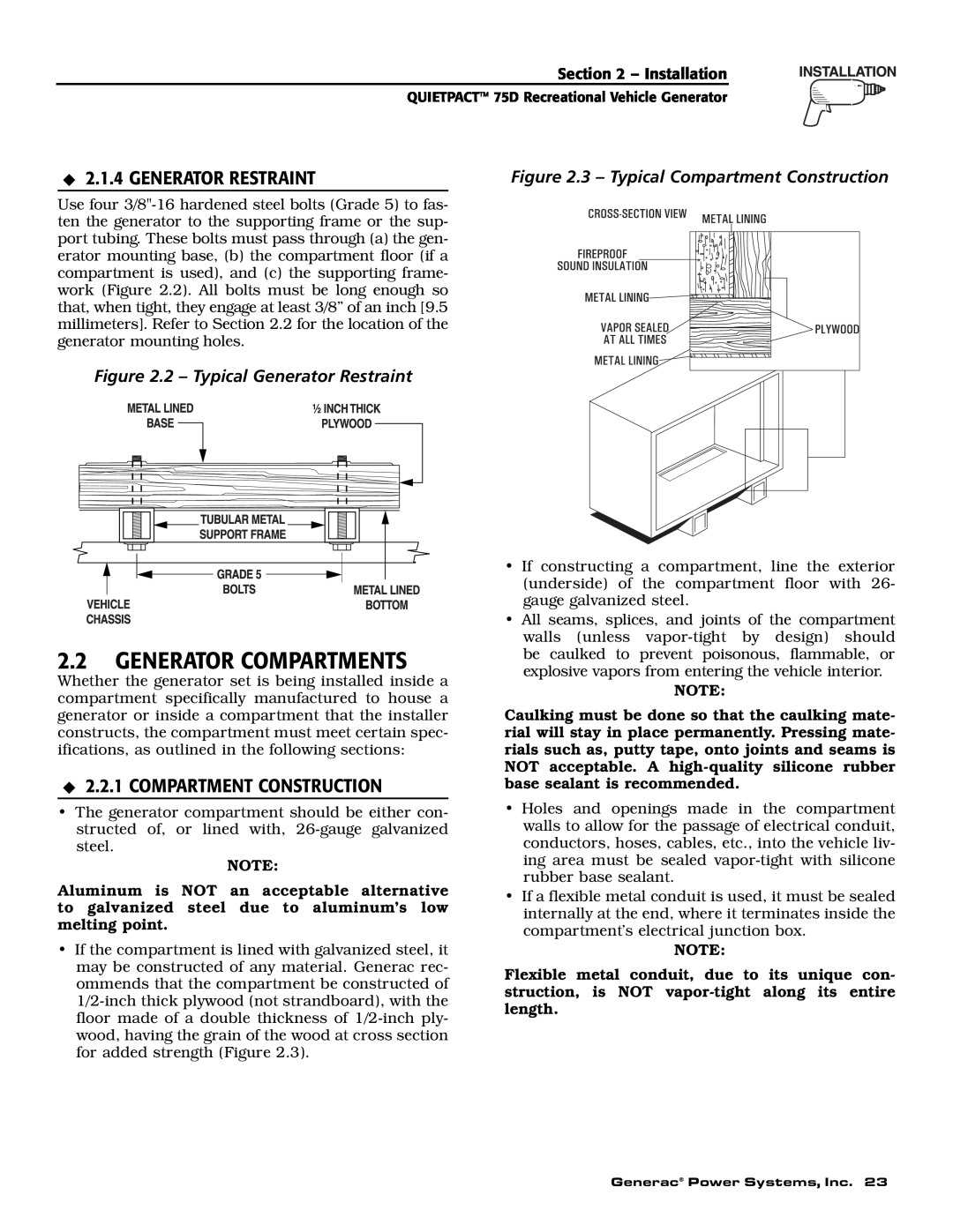 Guardian Technologies 004270-2 owner manual Generator Compartments, Generator Restraint, Compartment Construction 