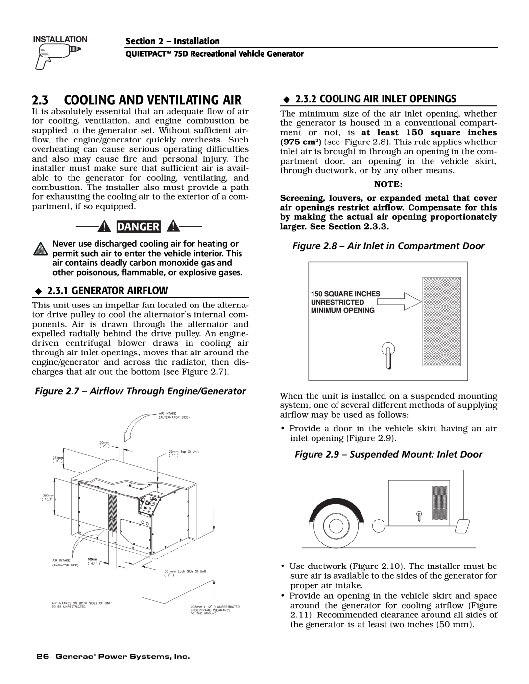 Guardian Technologies 004270-2 Cooling And Ventilating Air, Cooling Air Inlet Openings, Generator Airflow, Danger 