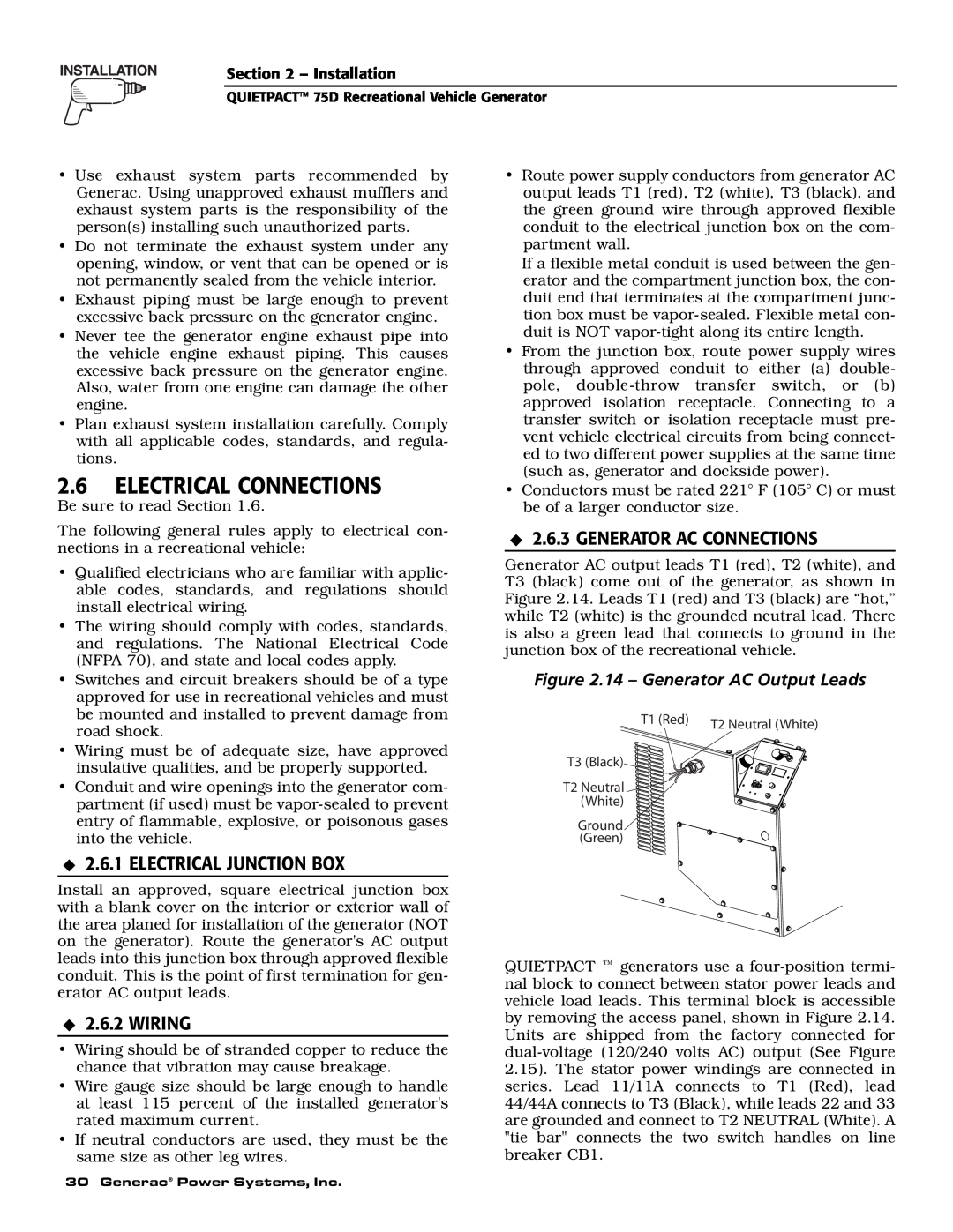 Guardian Technologies 004270-2 Electrical Connections, Electrical Junction Box, Wiring, Generator Ac Connections 