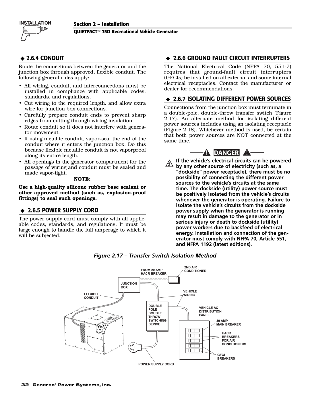 Guardian Technologies 004270-2 owner manual Conduit, Power Supply Cord, Isolating Different Power Sources, Danger 
