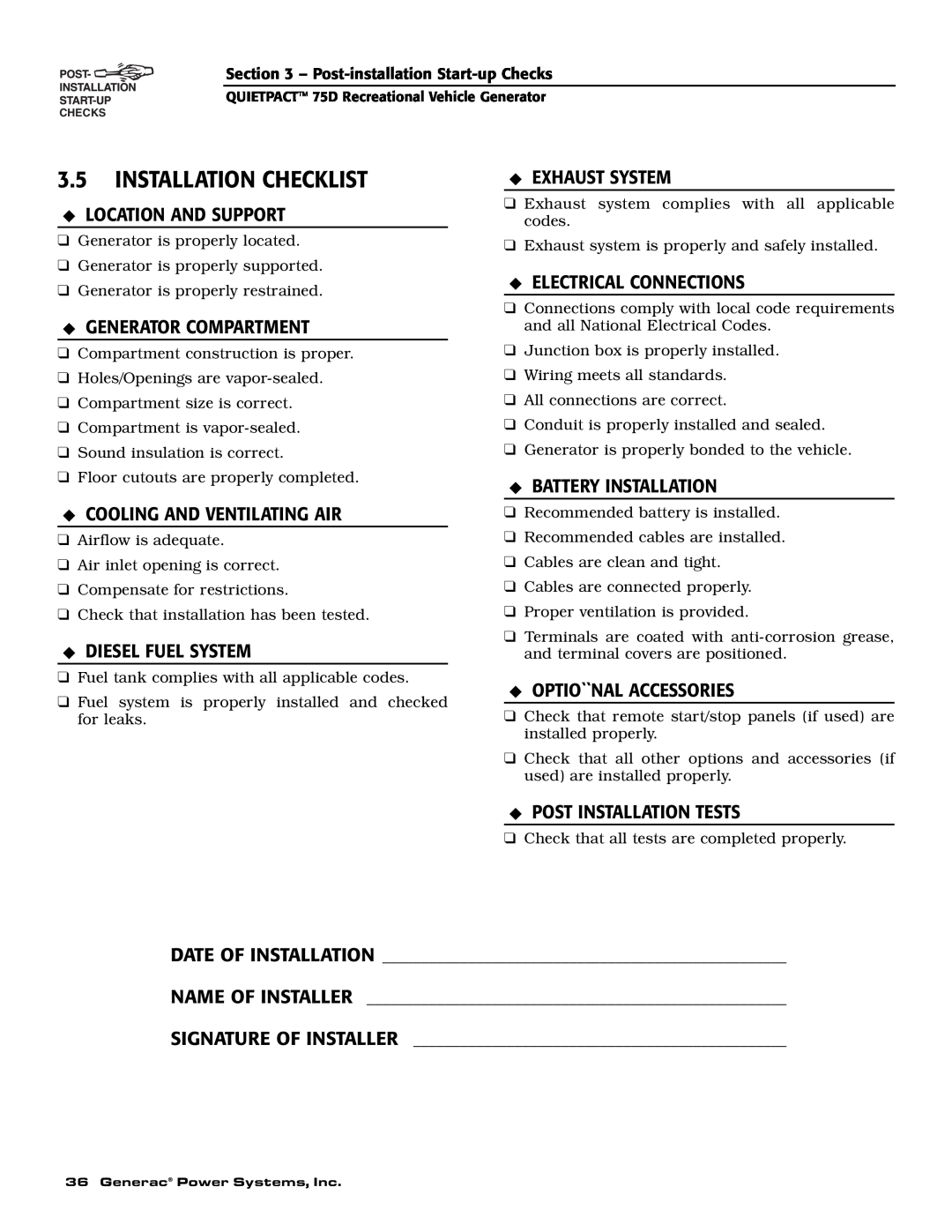 Guardian Technologies 004270-2 Installation Checklist, Location And Support, Generator Compartment, Diesel Fuel System 