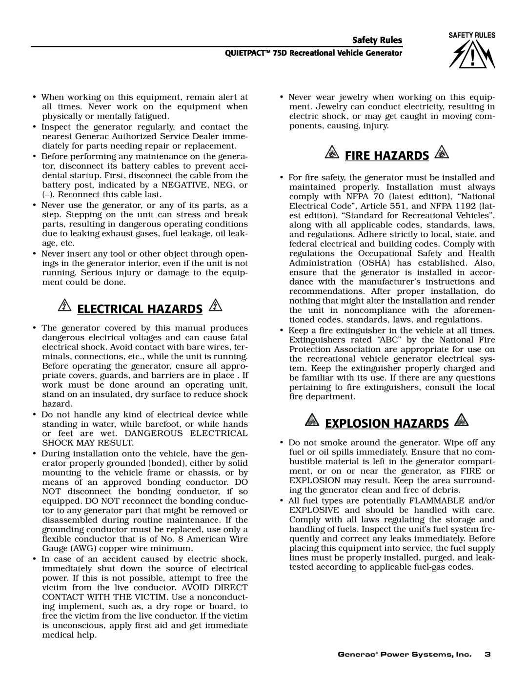 Guardian Technologies 004270-2 owner manual Electrical Hazards, Fire Hazards, Explosion Hazards 