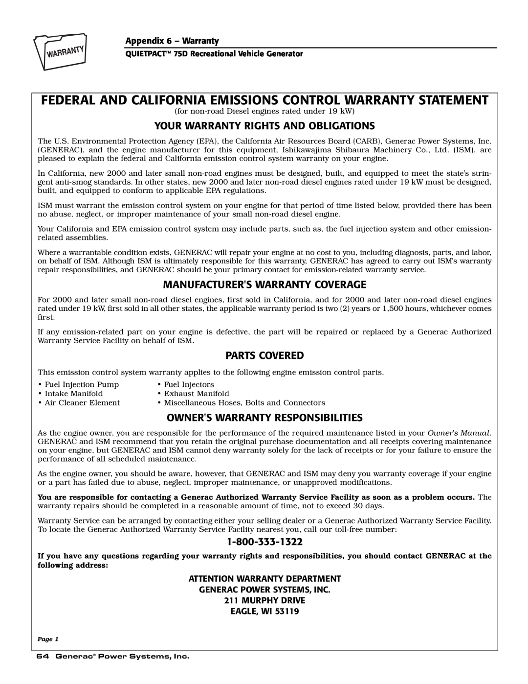 Guardian Technologies 004270-2 owner manual Federal And California Emissions Control Warranty Statement, Parts Covered 