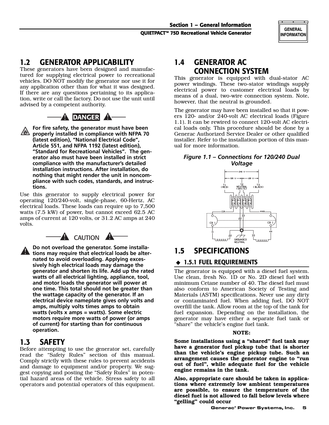 Guardian Technologies 004270-2 Generator Applicability, Safety, Generator Ac Connection System, Specifications, Danger 