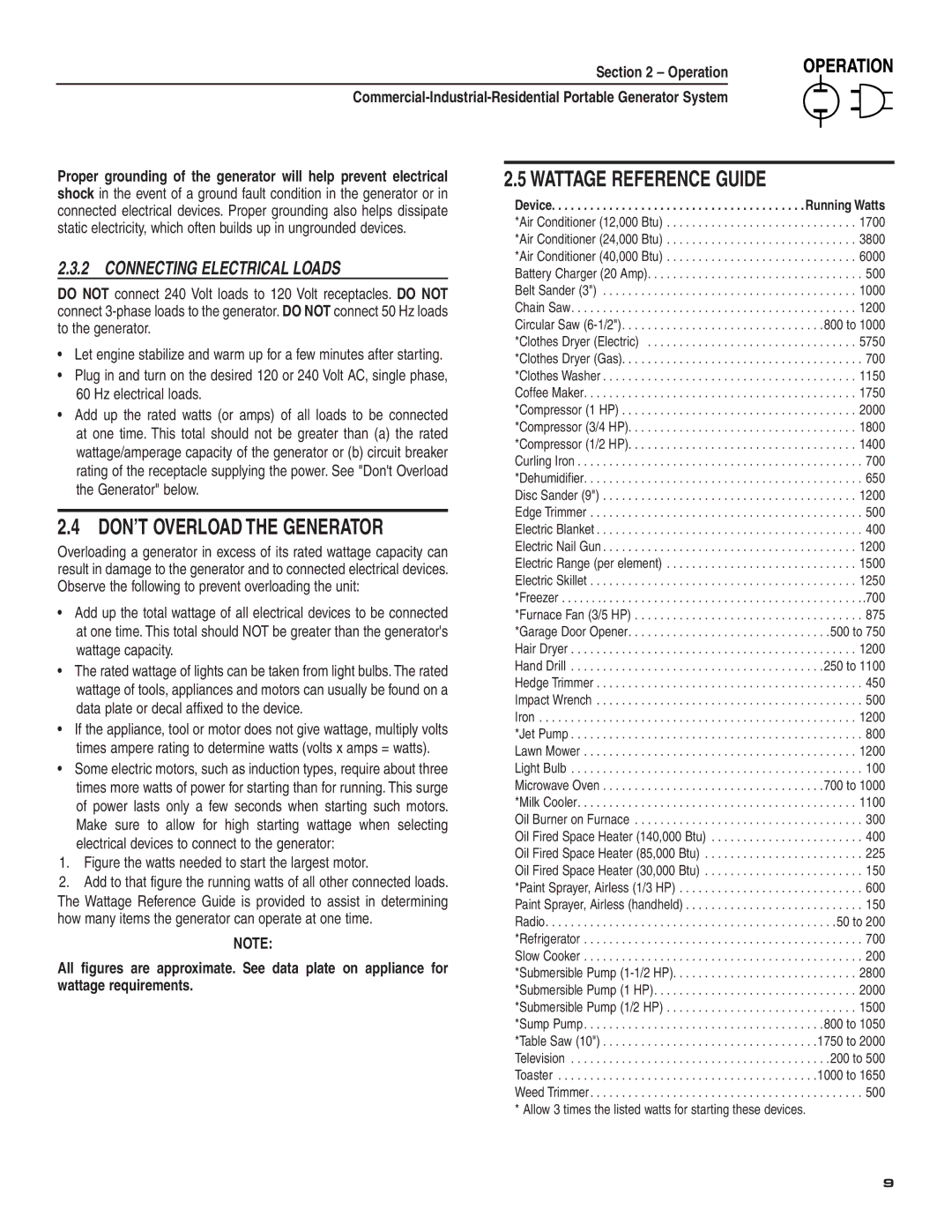 Guardian Technologies 004582-2 DON’T Overload the Generator, Wattage Reference Guide, Connecting Electrical Loads 