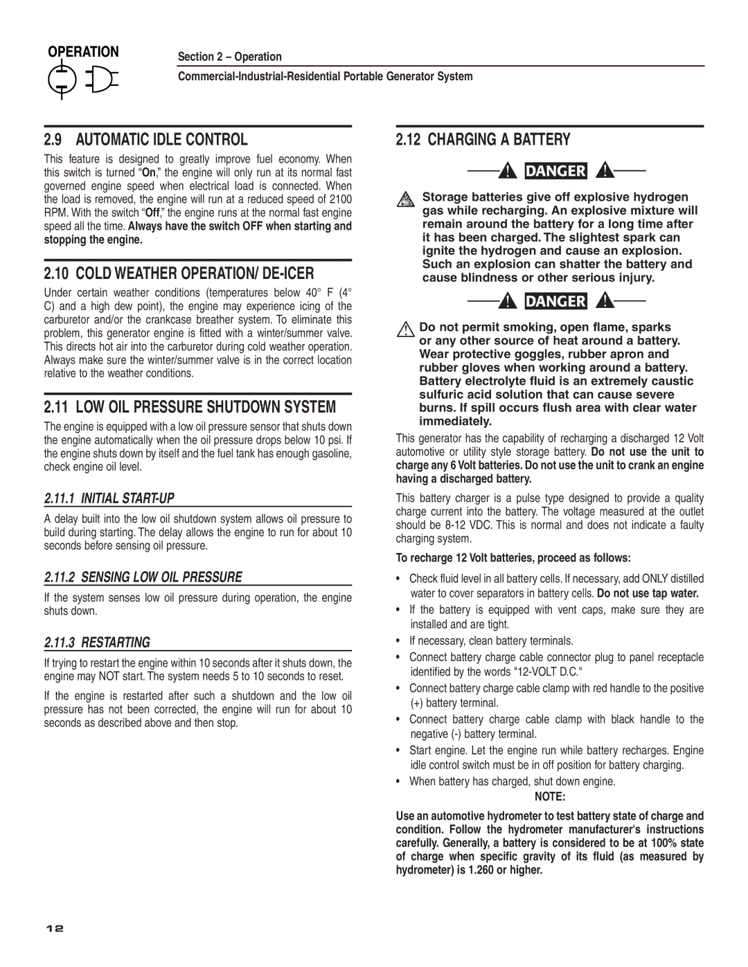 Guardian Technologies 004582-2 Automatic Idle Control, Charging a Battery, Initial START-UP, Sensing LOW OIL Pressure 