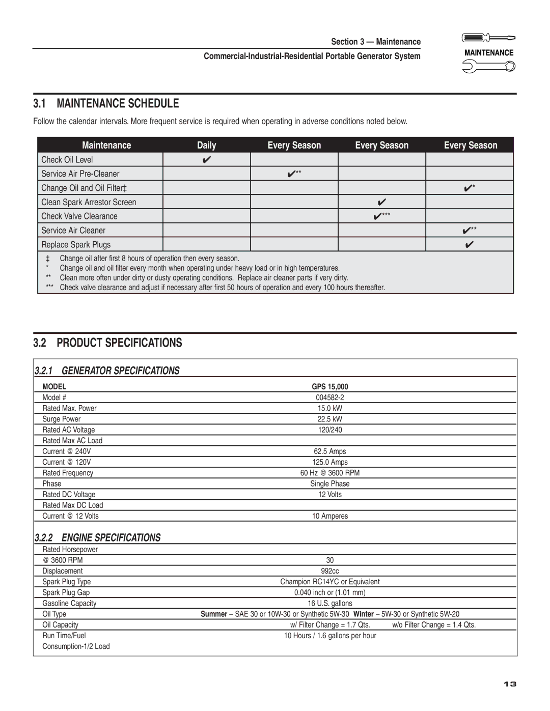 Guardian Technologies 004582-2 owner manual Maintenance Schedule, Product Specifications, Generator Specifications 