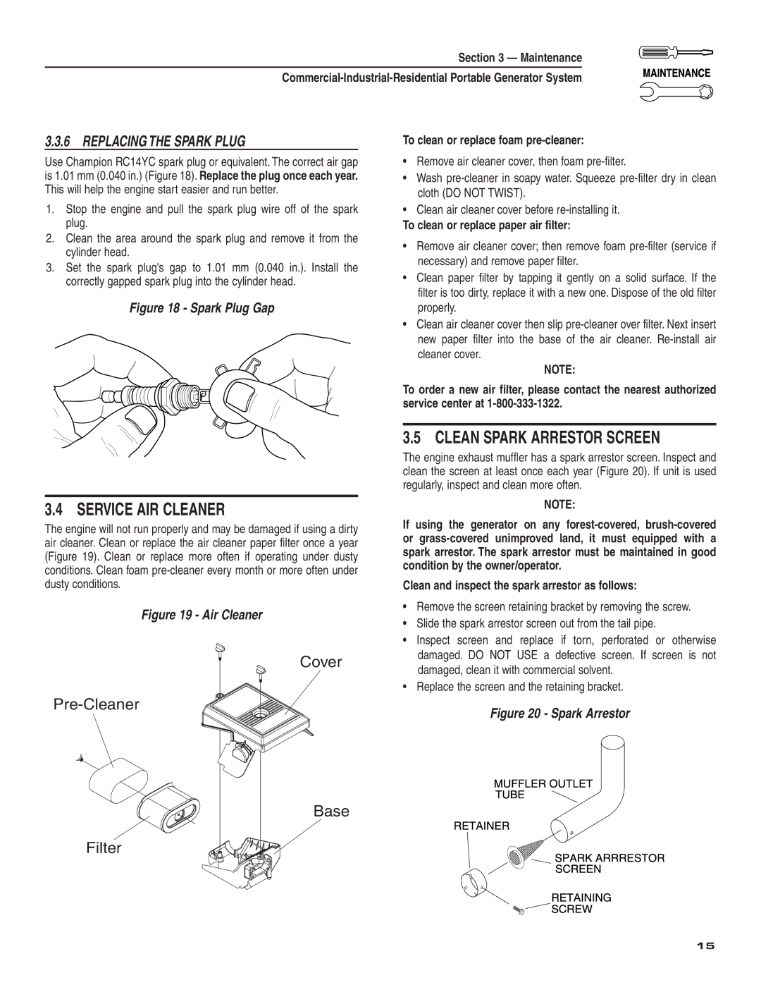 Guardian Technologies 004582-2 owner manual Service AIR Cleaner, Clean Spark Arrestor Screen, Replacing the Spark Plug 