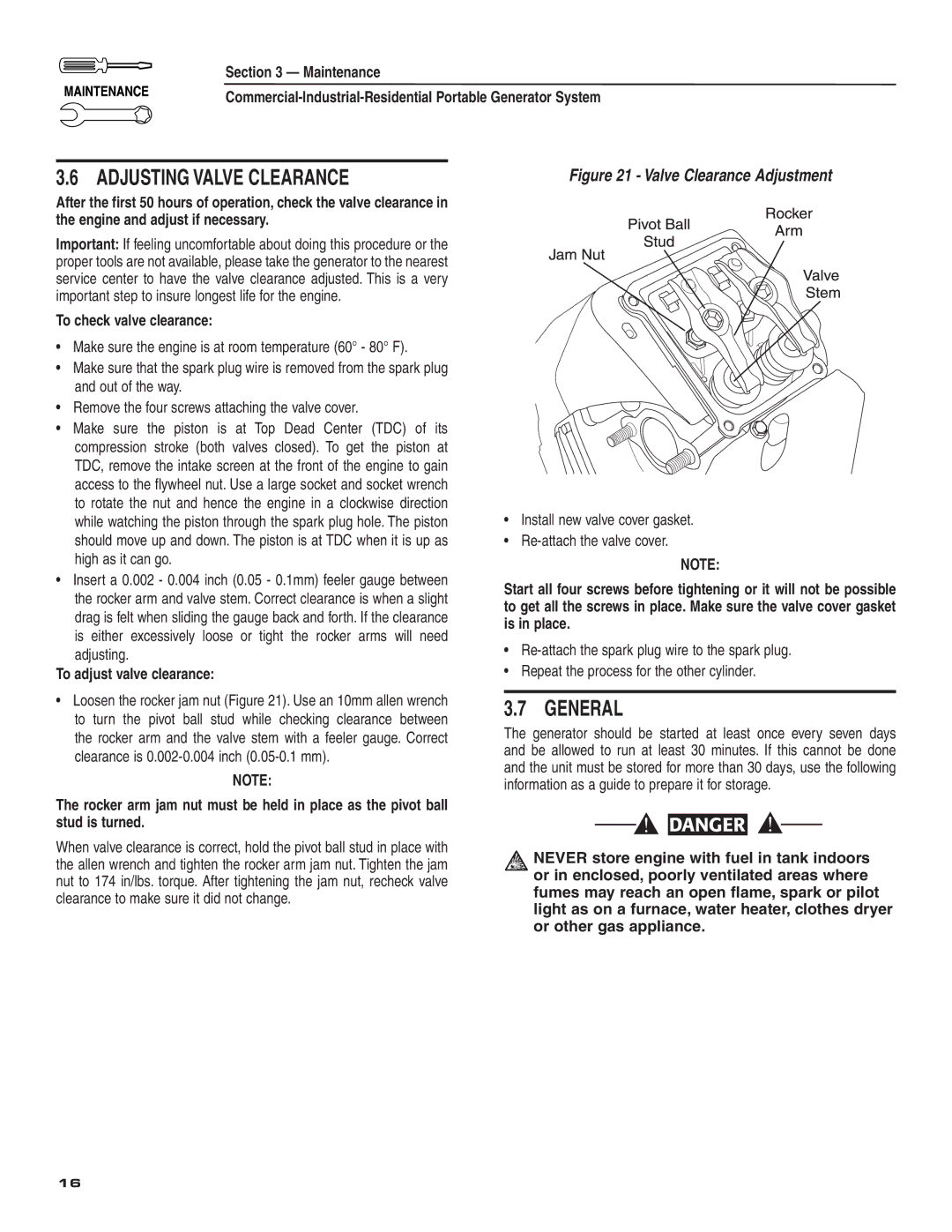 Guardian Technologies 004582-2 owner manual General, To check valve clearance, To adjust valve clearance 