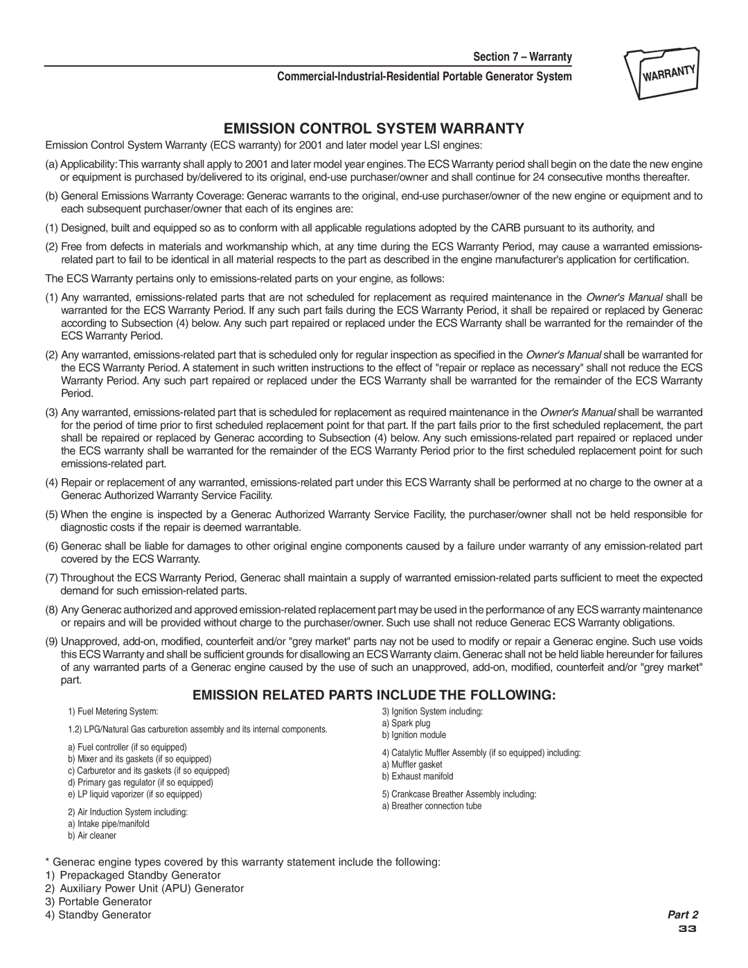 Guardian Technologies 004582-2 owner manual Emission Control System Warranty 