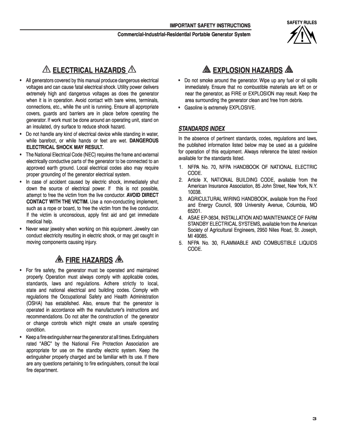 Guardian Technologies 004582-2 owner manual  Electrical Hazards,  Explosion Hazards,  Fire Hazards, Standards Index 