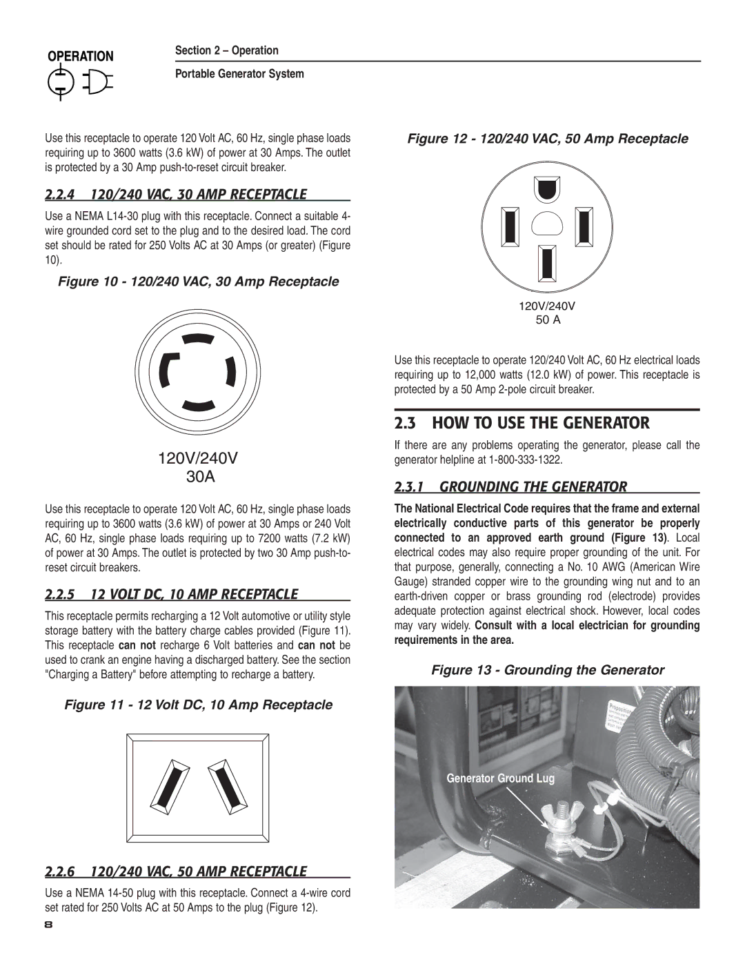 Guardian Technologies 004583-0 HOW to USE the Generator, 5 12 Volt DC, 10 AMP Receptacle, Grounding the Generator, 50 a 