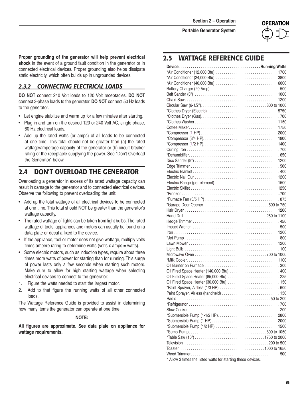 Guardian Technologies 004583-0 Wattage Reference Guide, DON’T Overload the Generator, Connecting Electrical Loads 