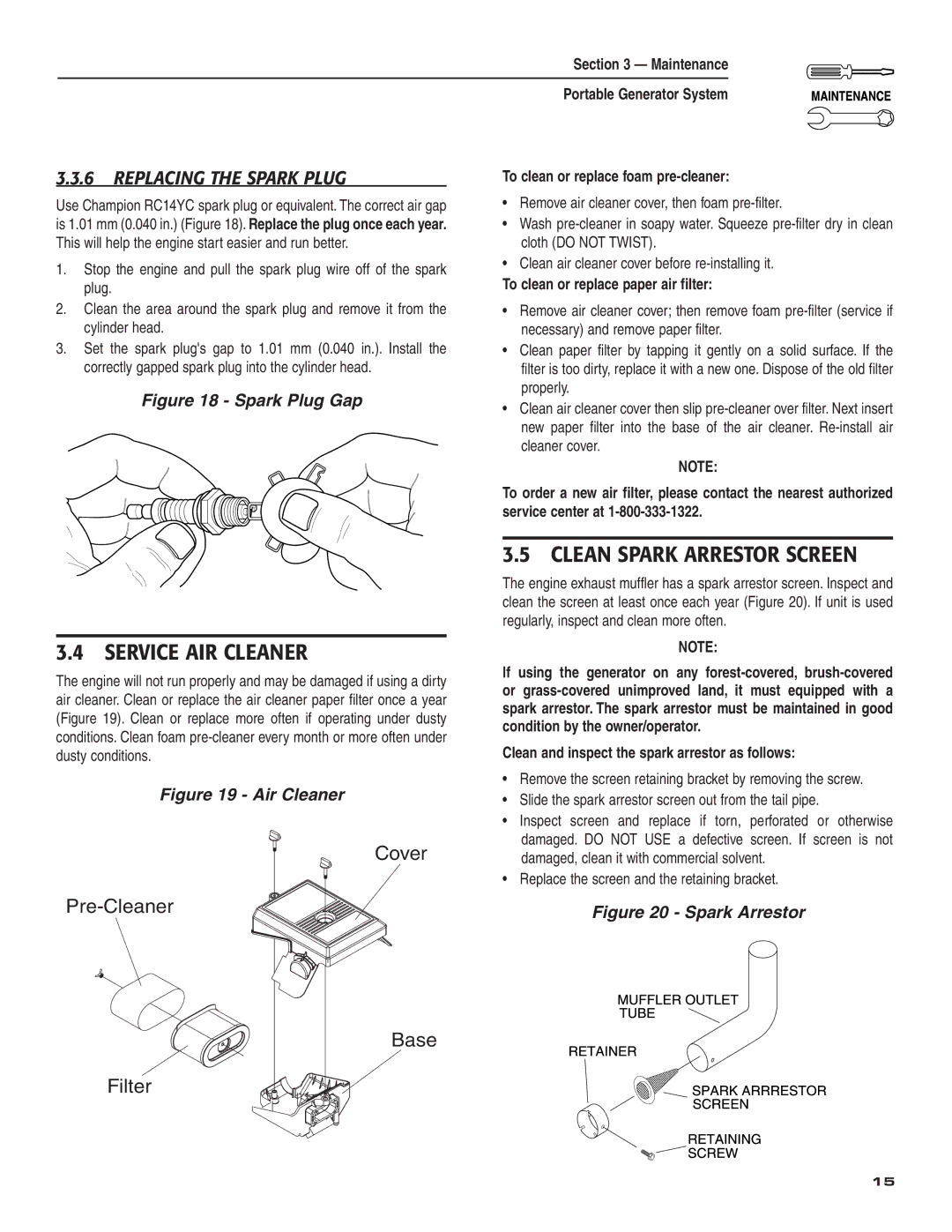 Guardian Technologies 004583-0 owner manual Service AIR Cleaner, Replacing the Spark Plug 