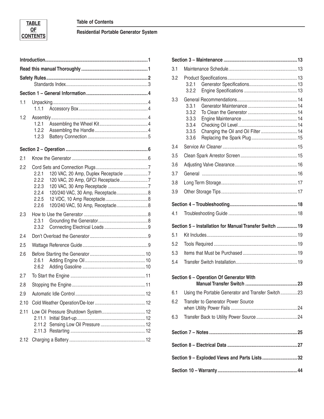 Guardian Technologies 004583-0 Table of Contents Residential Portable Generator System, Troubleshooting, Electrical Data 