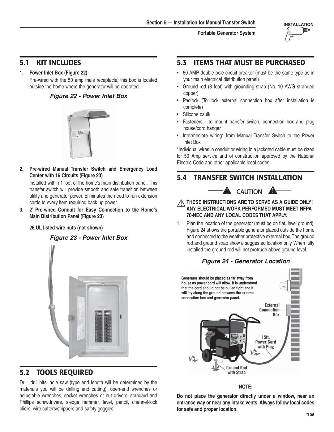 Guardian Technologies 004583-0 KIT Includes, Tools Required, Items That Must be Purchased, Transfer Switch Installation 