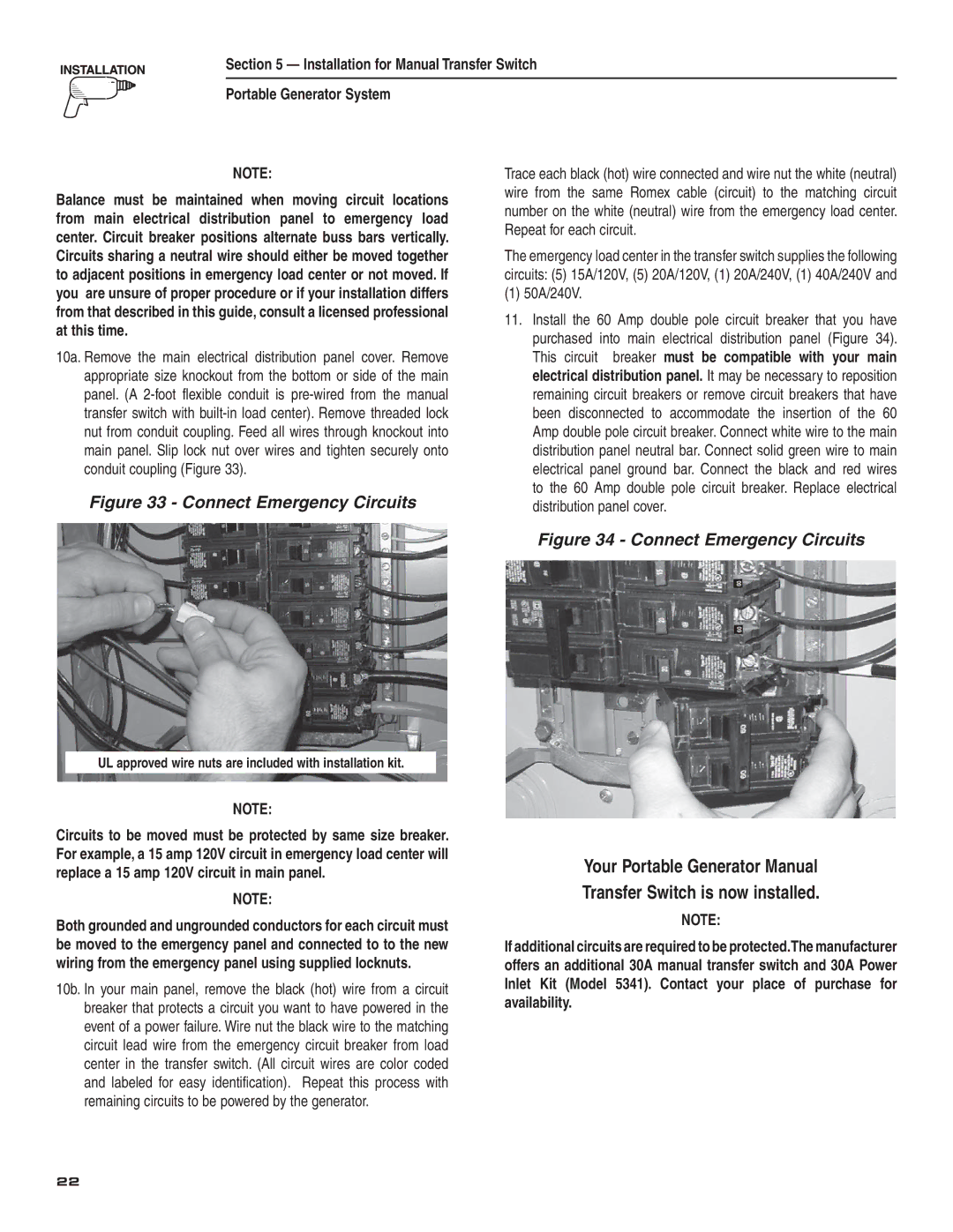 Guardian Technologies 004583-0 owner manual Connect Emergency Circuits, 50A/240V 