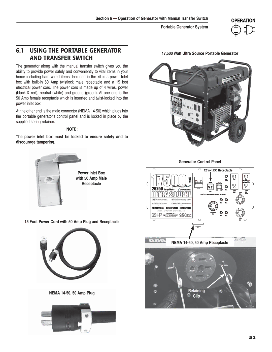 Guardian Technologies 004583-0 owner manual Generator Control Panel, Nema 14-50, 50 Amp Receptacle Nema 14-50, 50 Amp Plug 