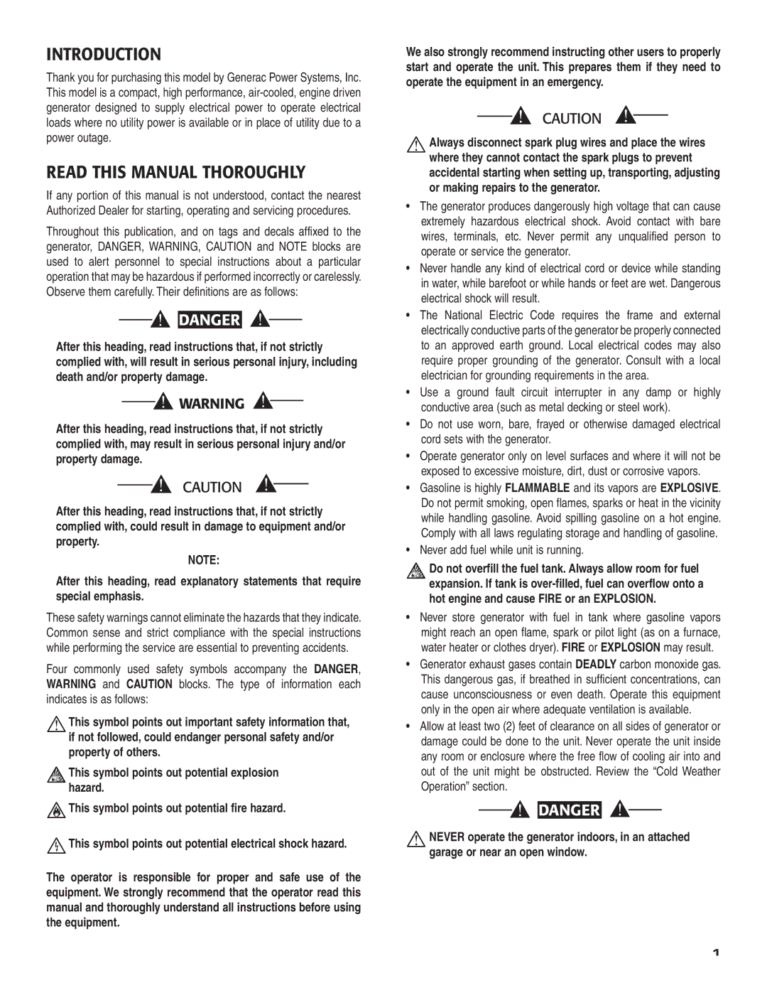 Guardian Technologies 004583-0 owner manual Introduction, Read this Manual Thoroughly, Never add fuel while unit is running 