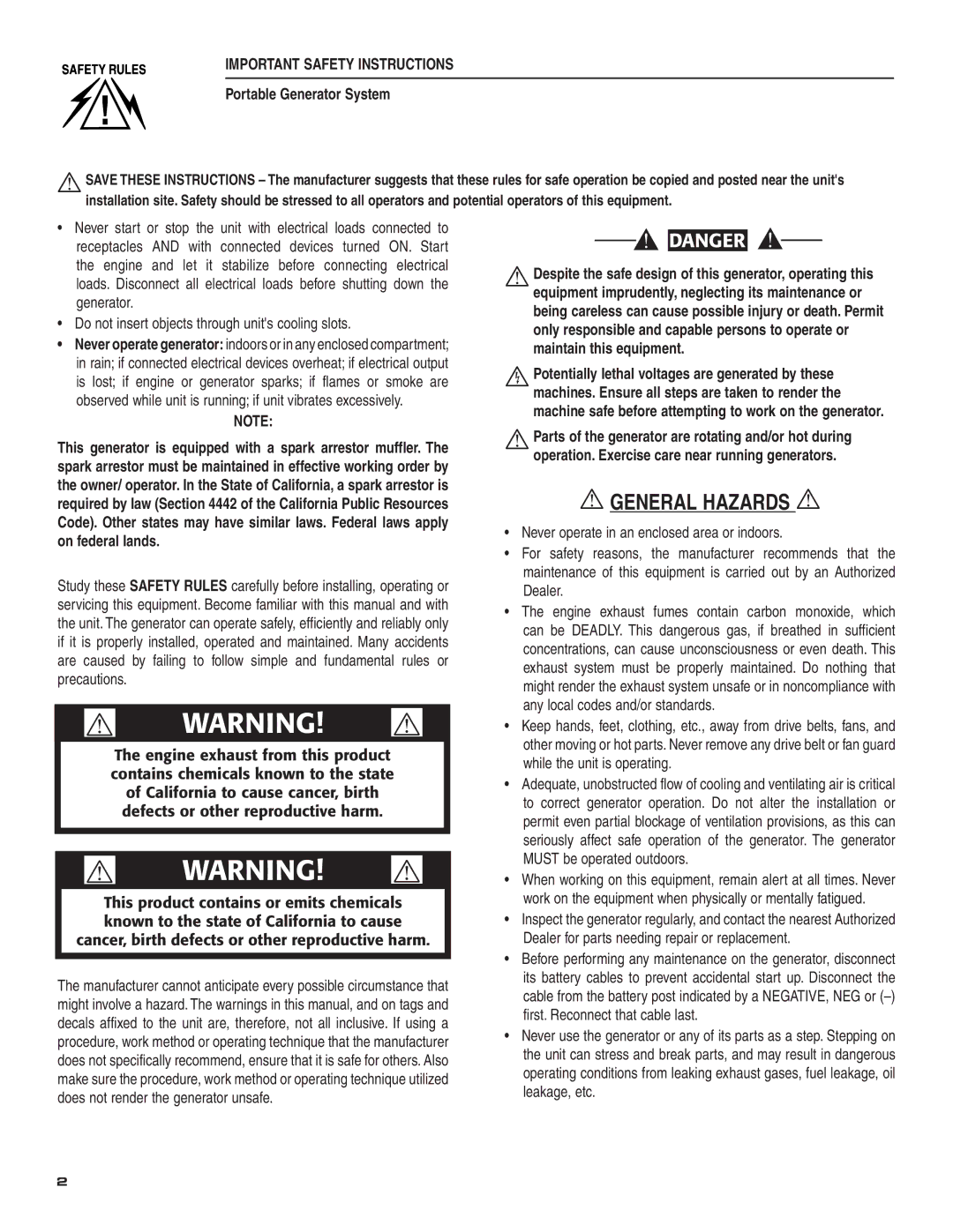 Guardian Technologies 004583-0 owner manual Important Safety Instructions, Portable Generator System 