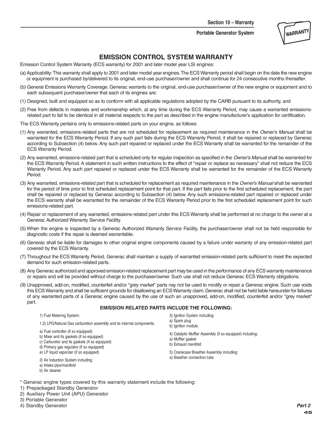 Guardian Technologies 004583-0 owner manual Emission Control System Warranty 