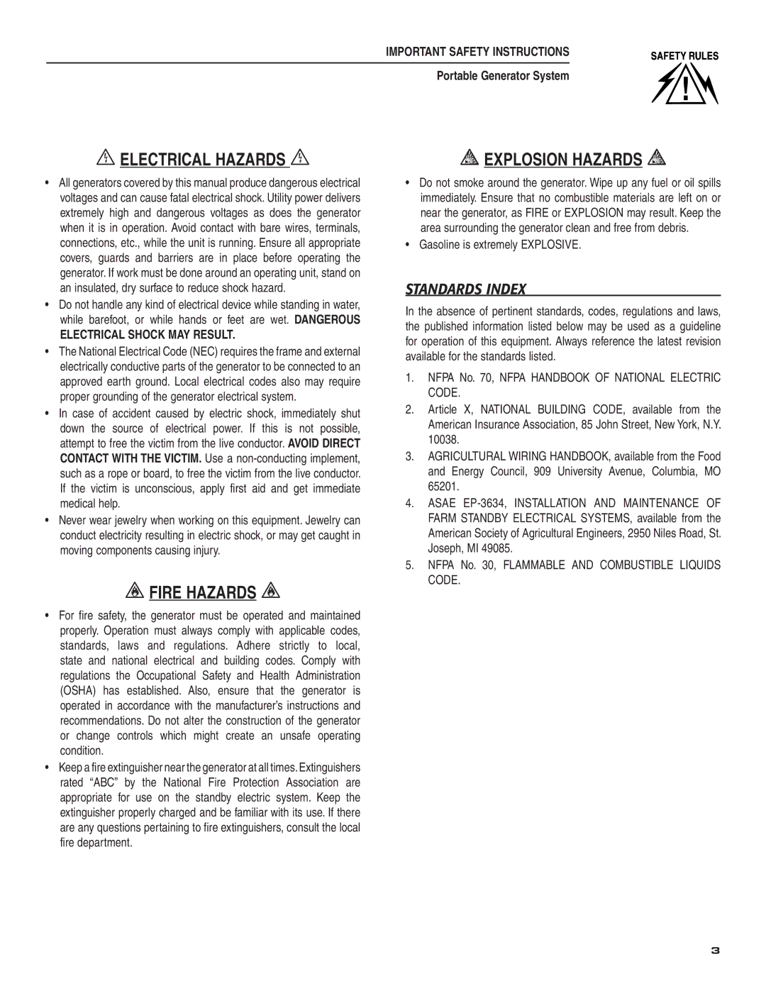 Guardian Technologies 004583-0 owner manual Standards Index, Gasoline is extremely Explosive 