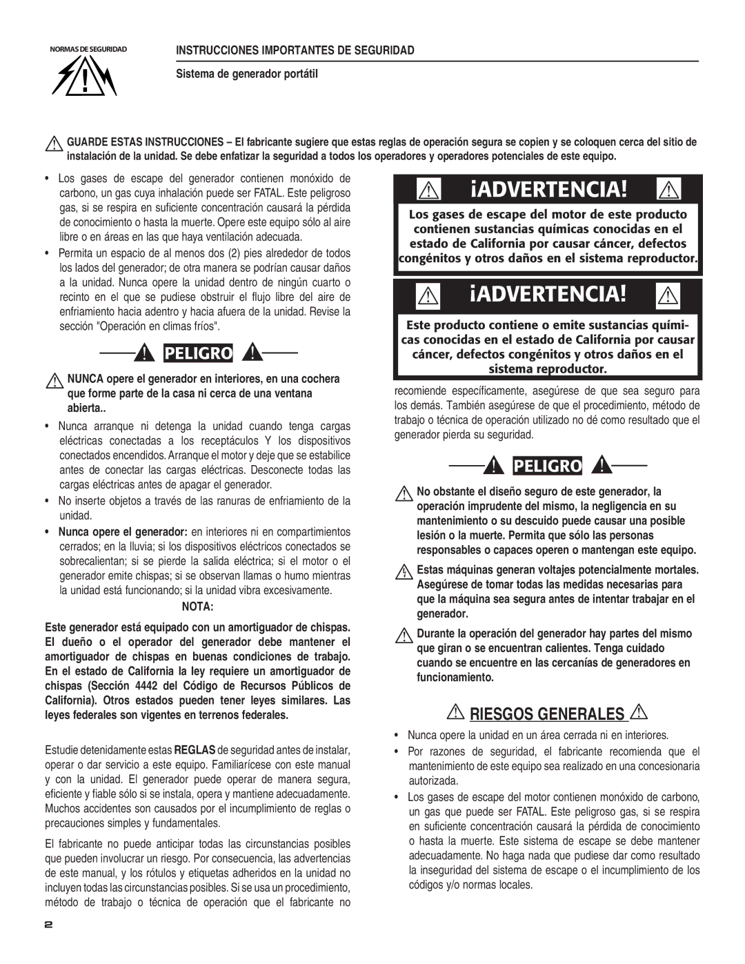 Guardian Technologies 004583-0 owner manual ¡Advertencia, Sistema de generador portátil 