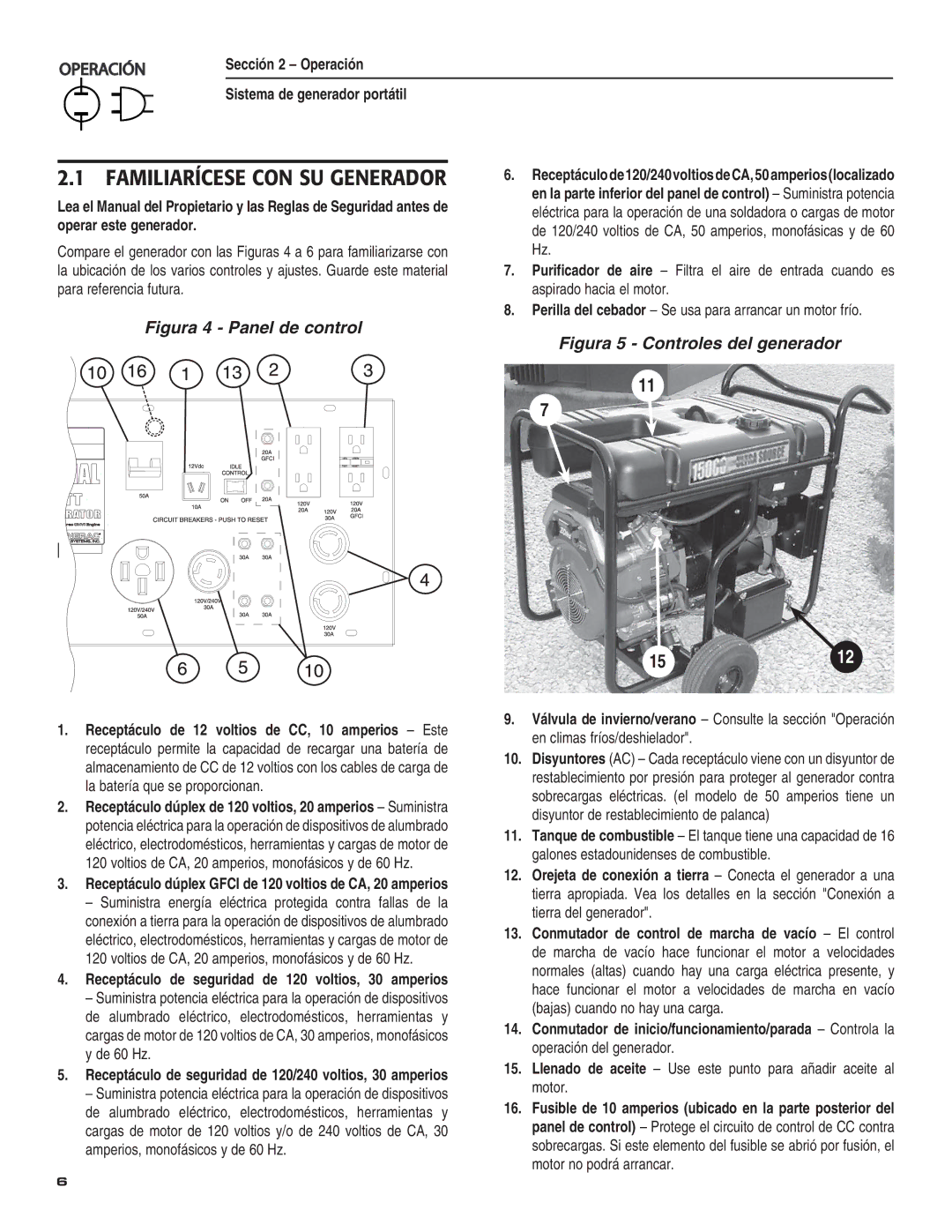 Guardian Technologies 004583-0 owner manual Sección 2 Operación, Receptáculo de seguridad de 120 voltios, 30 amperios 