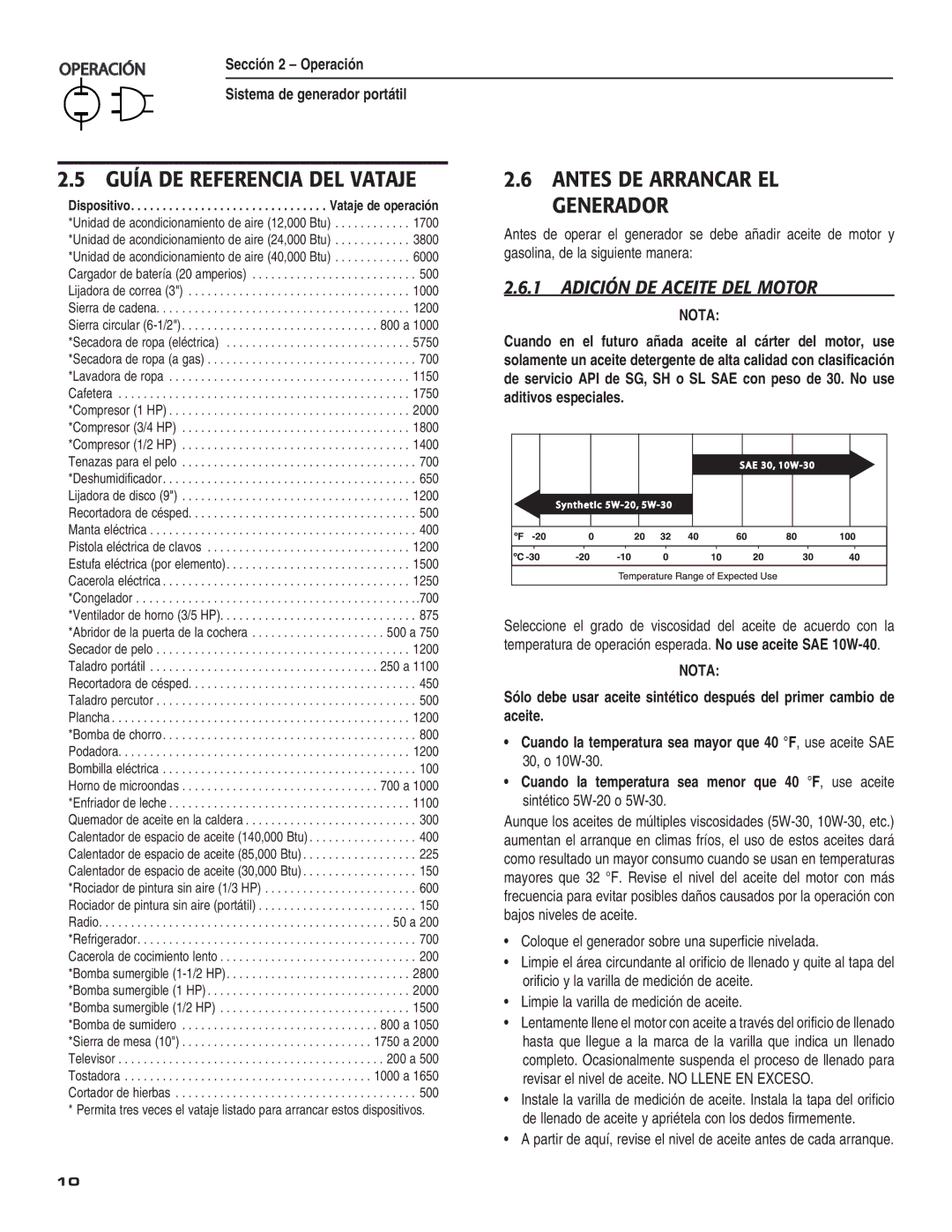 Guardian Technologies 004583-0 owner manual Guía DE Referencia DEL Vataje, Adición DE Aceite DEL Motor 