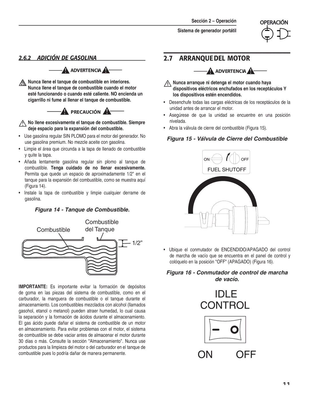 Guardian Technologies 004583-0 owner manual Arranque DEL Motor, Adición DE Gasolina 