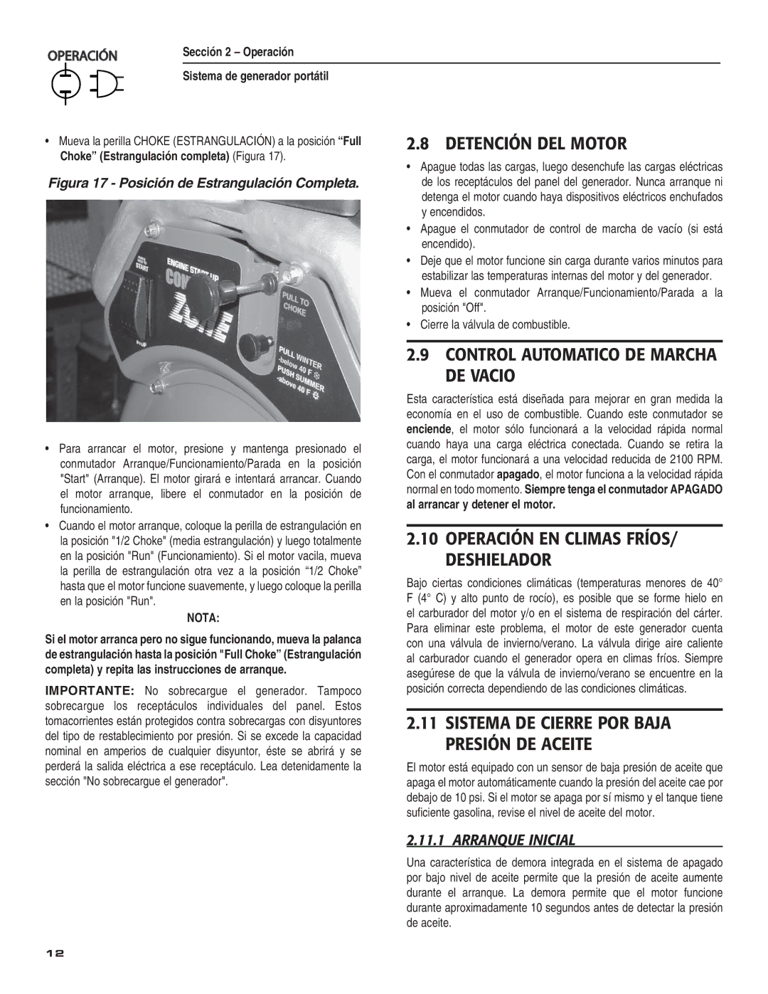 Guardian Technologies 004583-0 owner manual Detención DEL Motor, Control Automatico DE Marcha DE Vacio, Arranque Inicial 