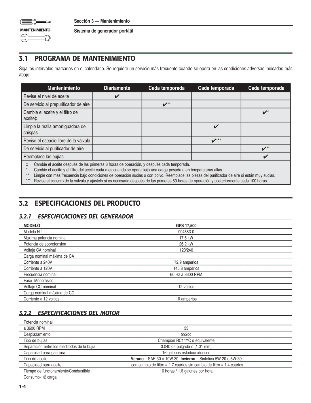 Guardian Technologies 004583-0 Programa DE Mantenimiento, Especificaciones DEL Producto, Especificaciones DEL Generador 