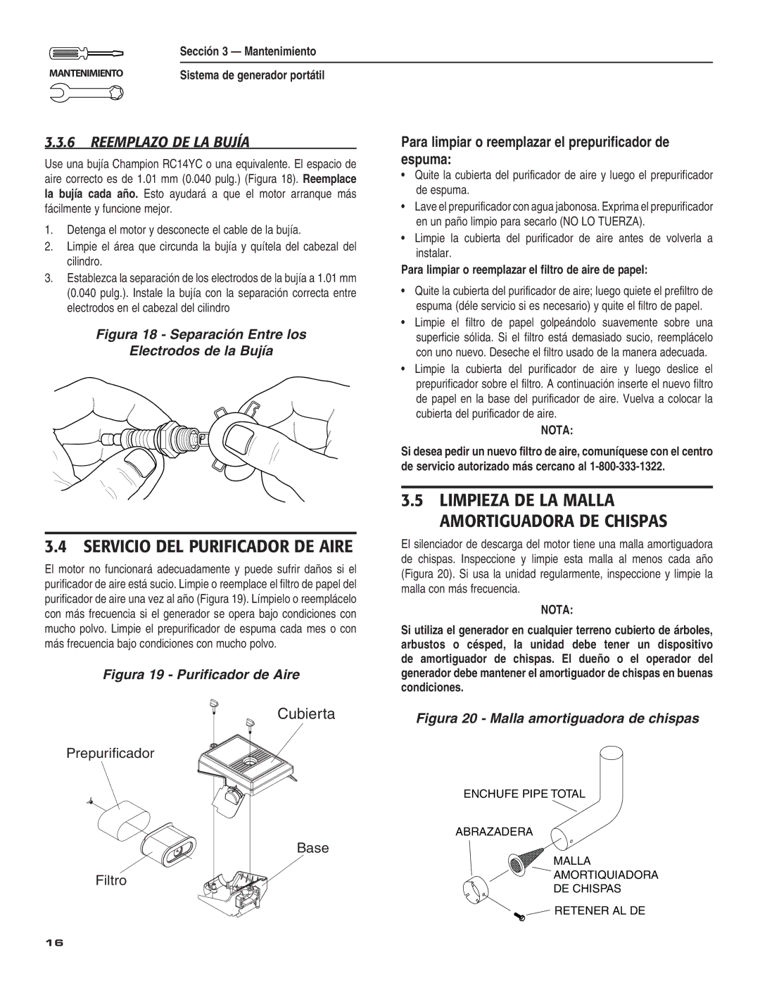 Guardian Technologies 004583-0 owner manual Reemplazo DE LA Bujía, Para limpiar o reemplazar el filtro de aire de papel 