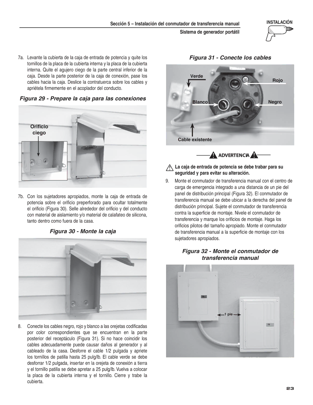 Guardian Technologies 004583-0 owner manual Figura 29 Prepare la caja para las conexiones, Orificio Ciego 