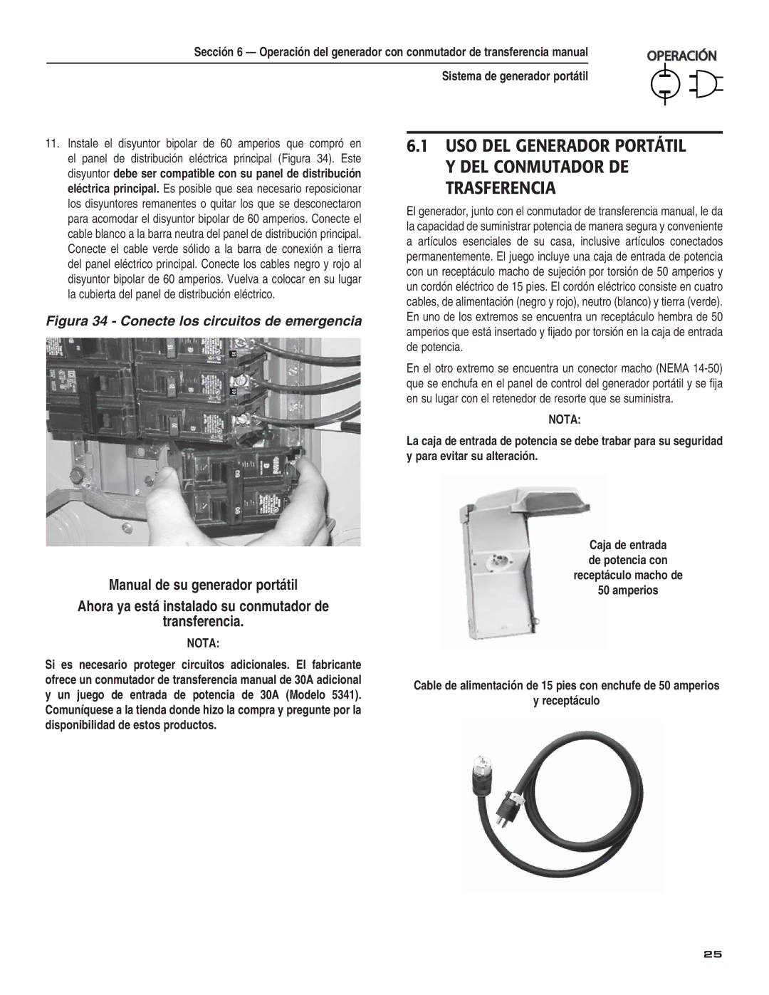 Guardian Technologies 004583-0 owner manual USO DEL Generador Portátil Y DEL Conmutador DE Trasferencia, Receptáculo 