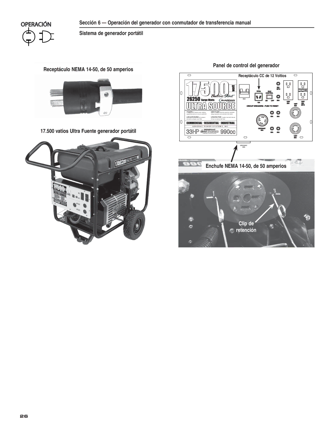 Guardian Technologies 004583-0 owner manual Enchufe Nema 14-50, de 50 amperios, Receptáculo CC de 12 Voltios 