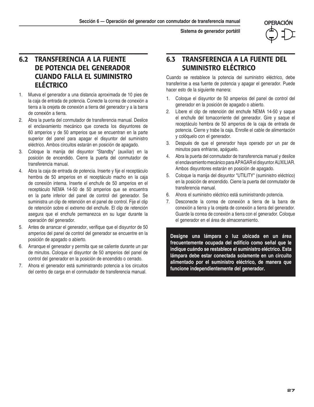 Guardian Technologies 004583-0 owner manual Transferencia a LA Fuente DEL Suministro Eléctrico 