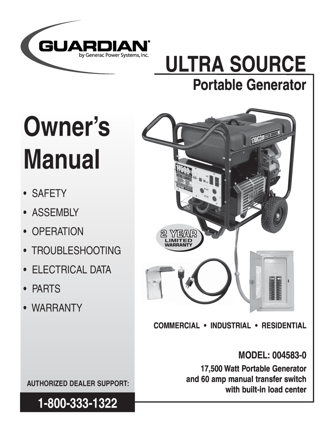Guardian Technologies 004583-0 owner manual Ultra Source, Portable Generator, Warranty, Model, Authorized Dealer Support 
