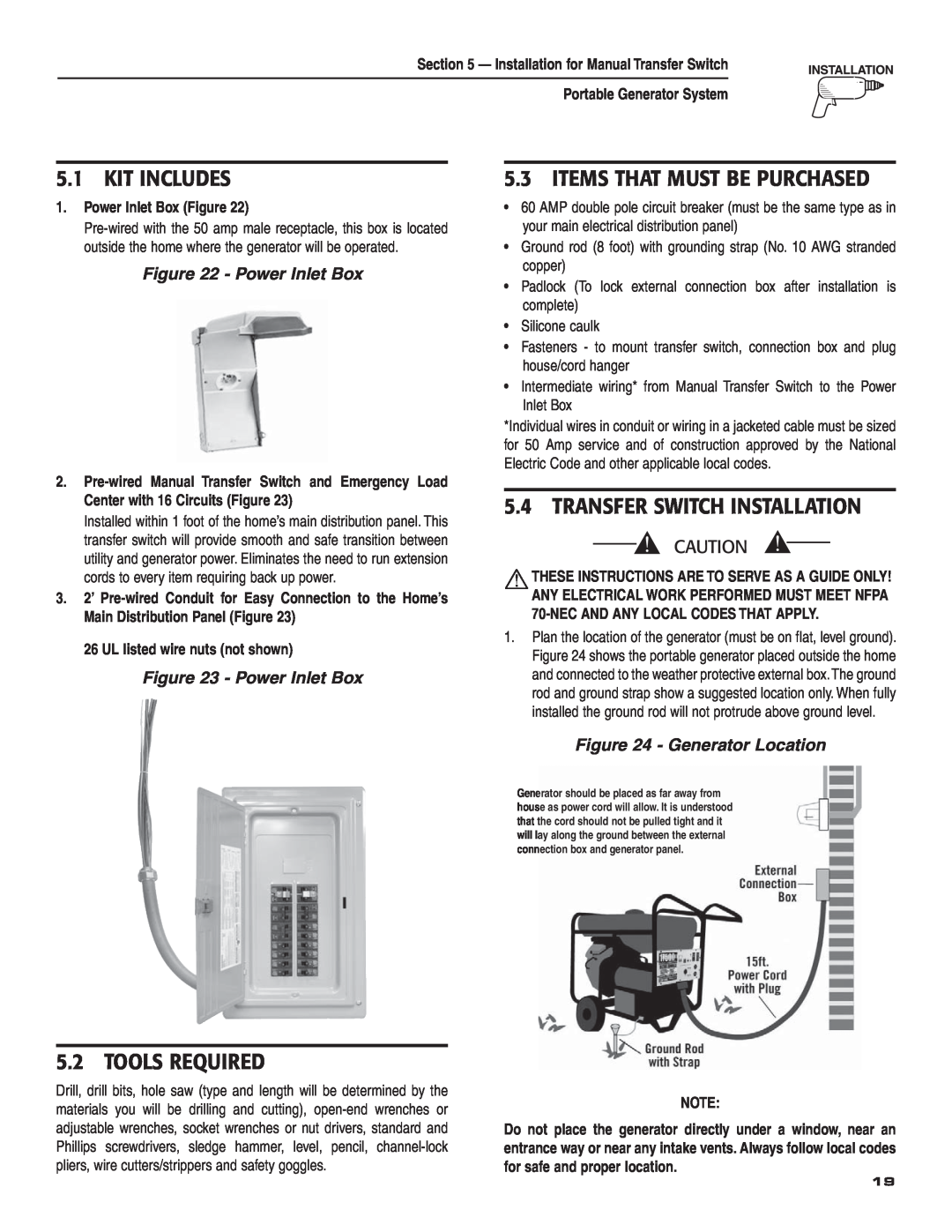 Guardian Technologies 004583-0 Kit Includes, Tools Required, Items That Must Be Purchased, Transfer Switch Installation 