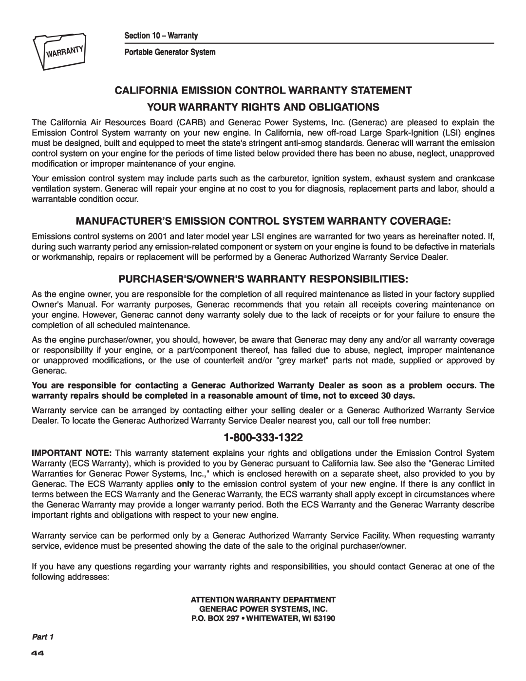 Guardian Technologies 004583-0 California Emission Control Warranty Statement, Your Warranty Rights And Obligations 
