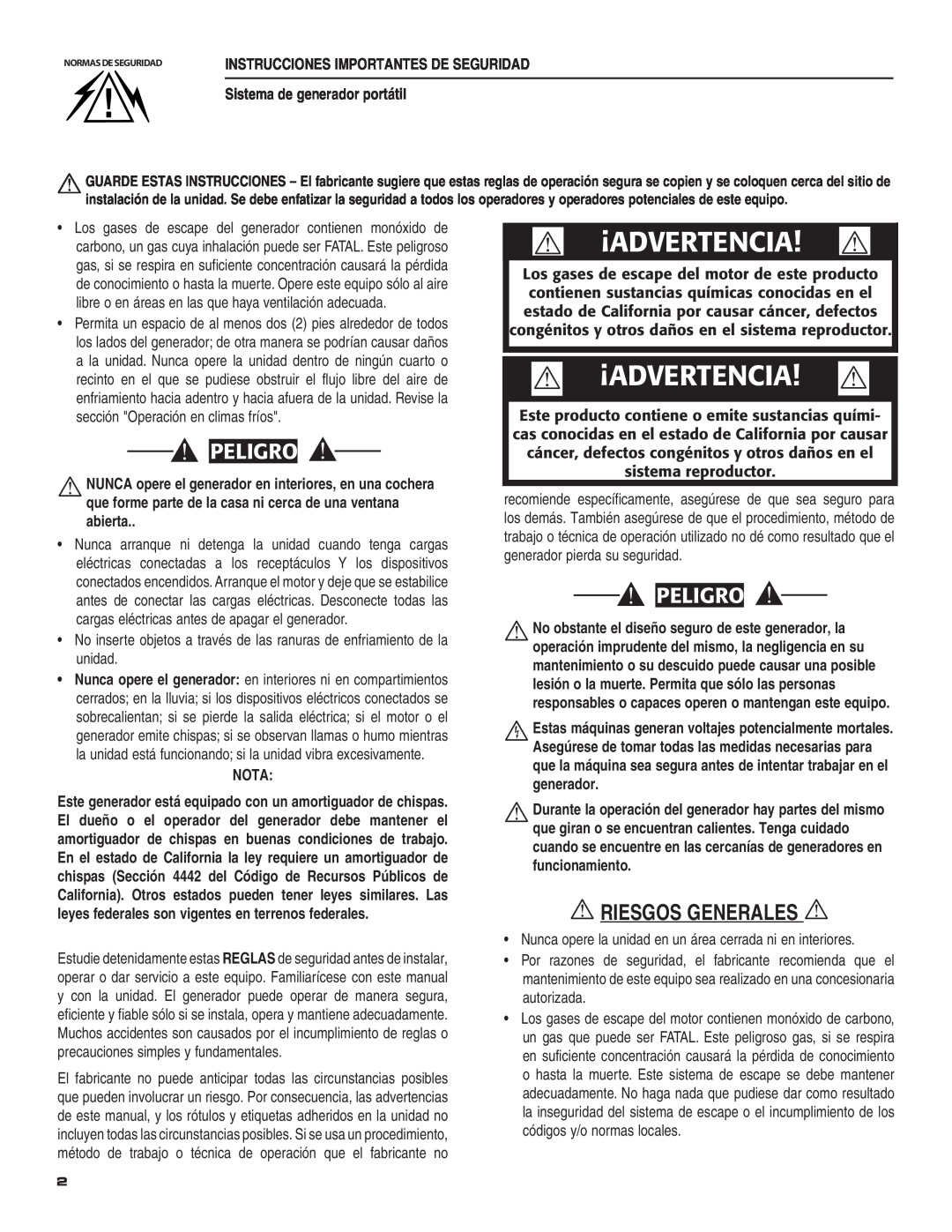 Guardian Technologies 004583-0 owner manual  Riesgos Generales , ¡Advertencia, 0%,2, Sistema de generador portátil, Nota 