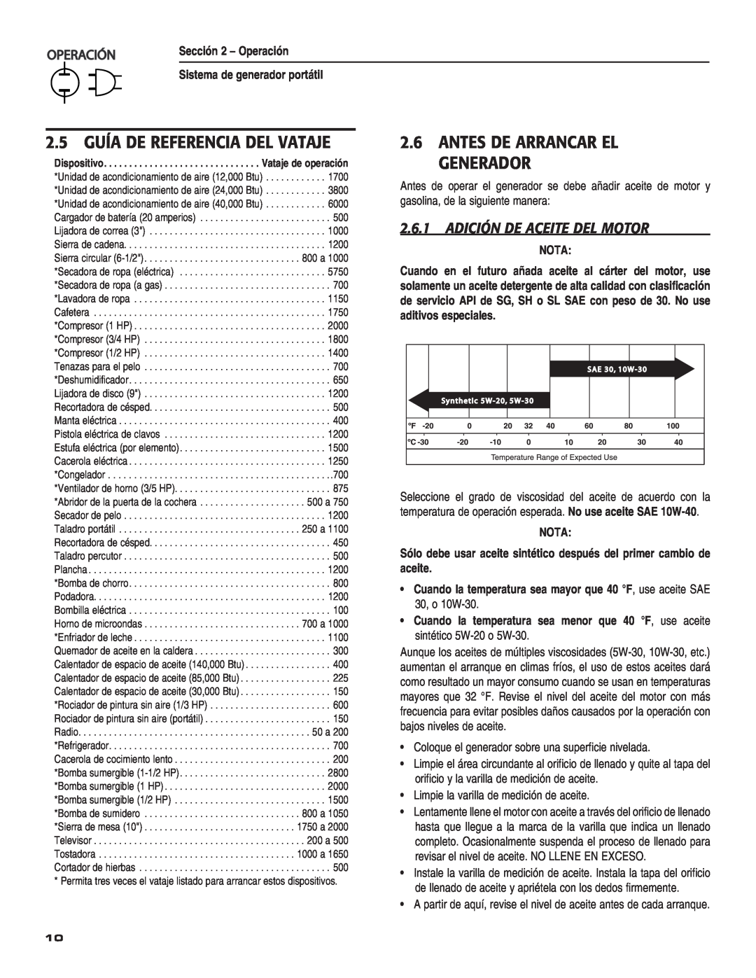 Guardian Technologies 004583-0 owner manual 2.5 GUÍA DE REFERENCIA DEL VATAJE, Antes De Arrancar El Generador, 0%2!#œ, Nota 